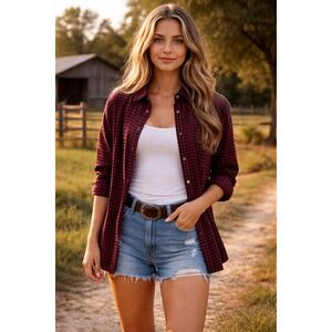 Mossimo Supply Co Womens Burgundy Black Gingham Flannel Button Down‎ Shirt Large